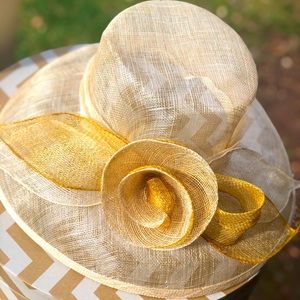 Cream and gold church, wedding, derby hat